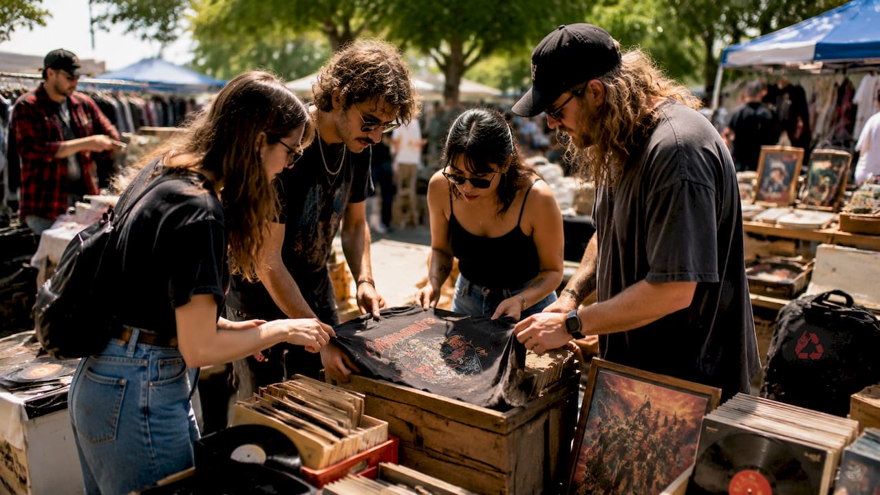 Close-up of hands inspecting concert shirt authenticity