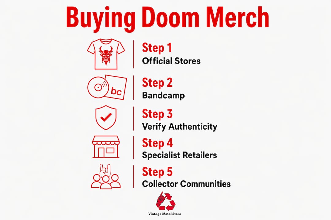 Vertical flow infographic with steps for buying doom metal merch