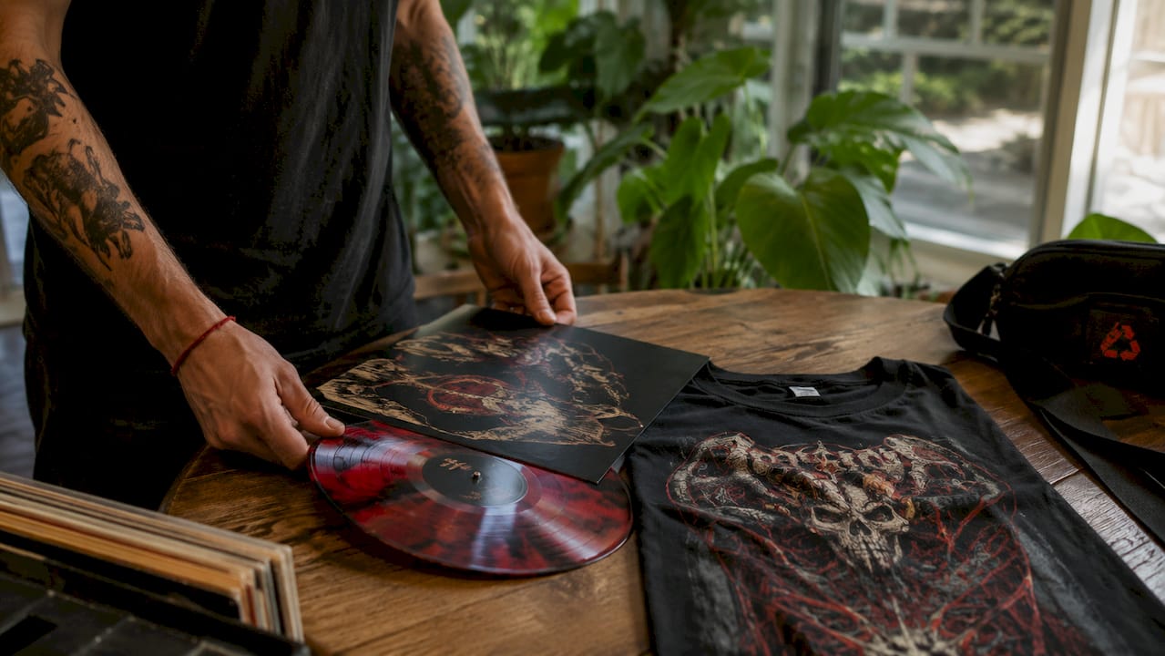 Hands arranging exclusive vinyl and t-shirt variant