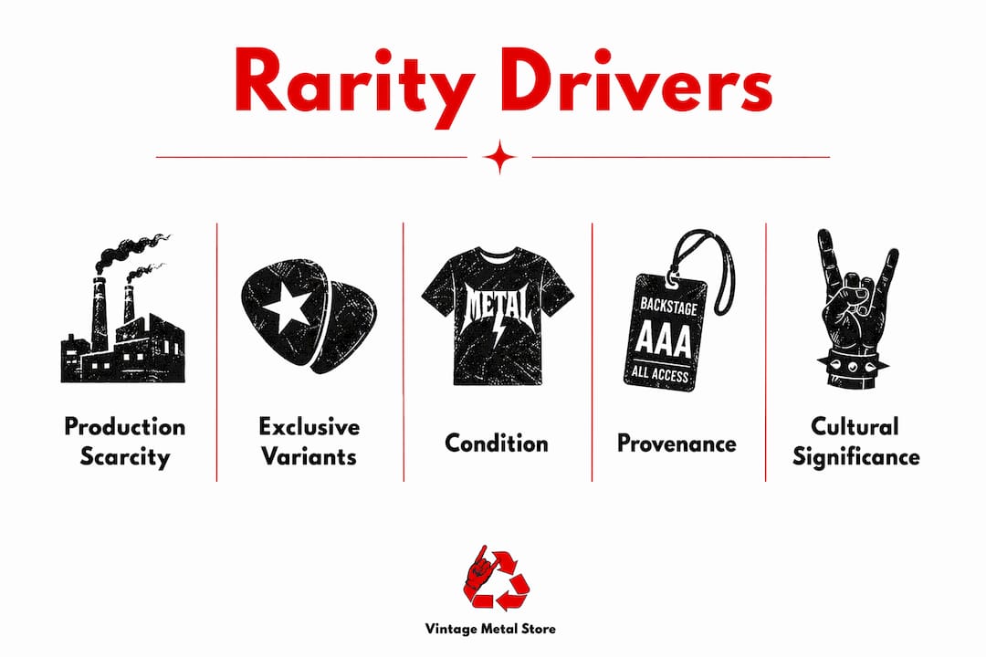 Infographic showing key rarity factors for vinyl and t-shirt sets