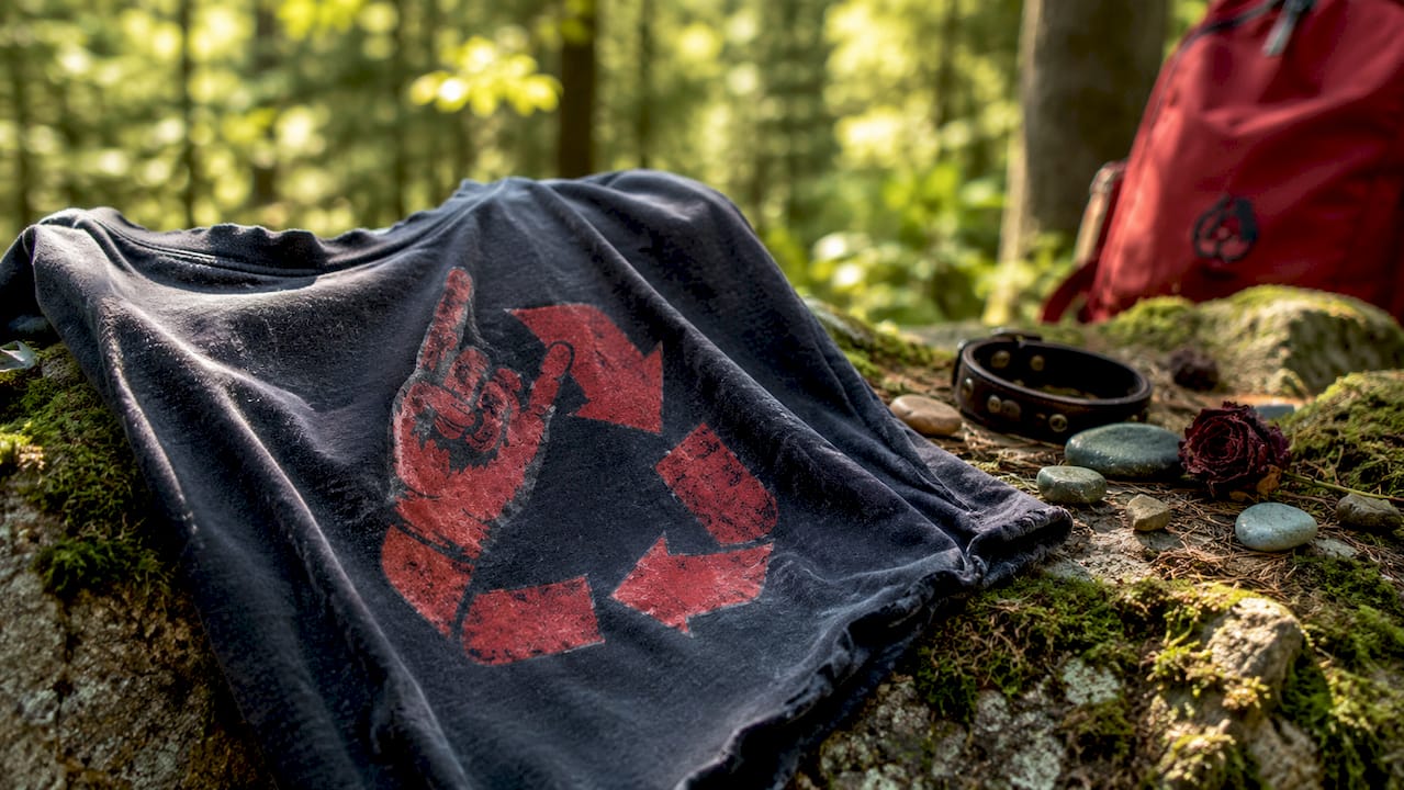 Close-up of vintage metal shirt design and fabric