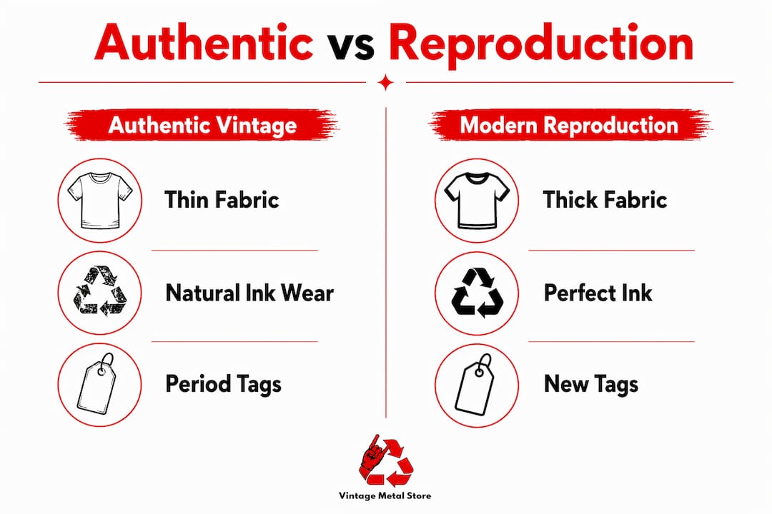 Infographic comparing authentic and reproduction vintage metal shirts