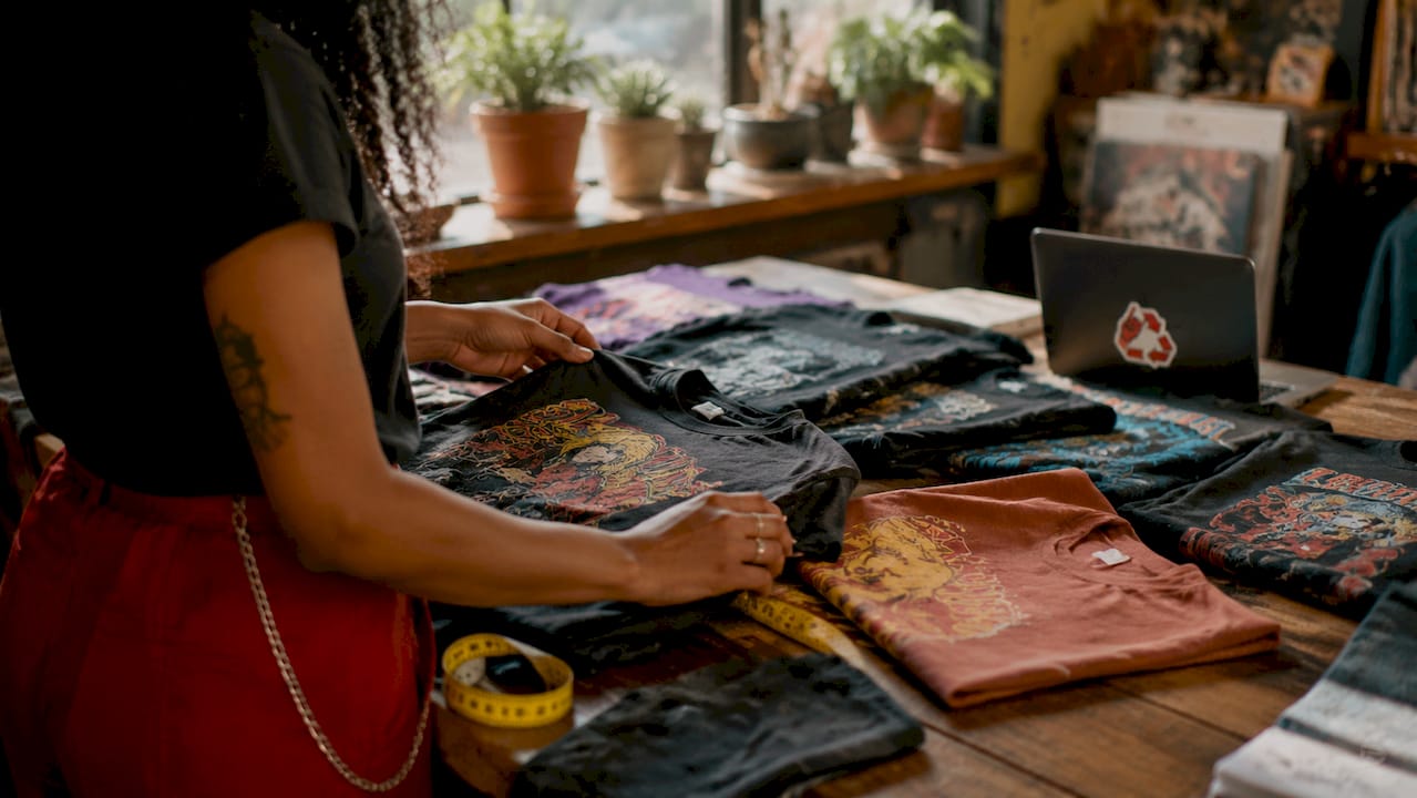 Hands sorting vintage band shirts at boutique