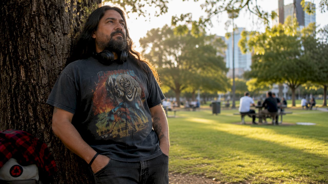 Man in music studio wearing heavy metal album art shirt