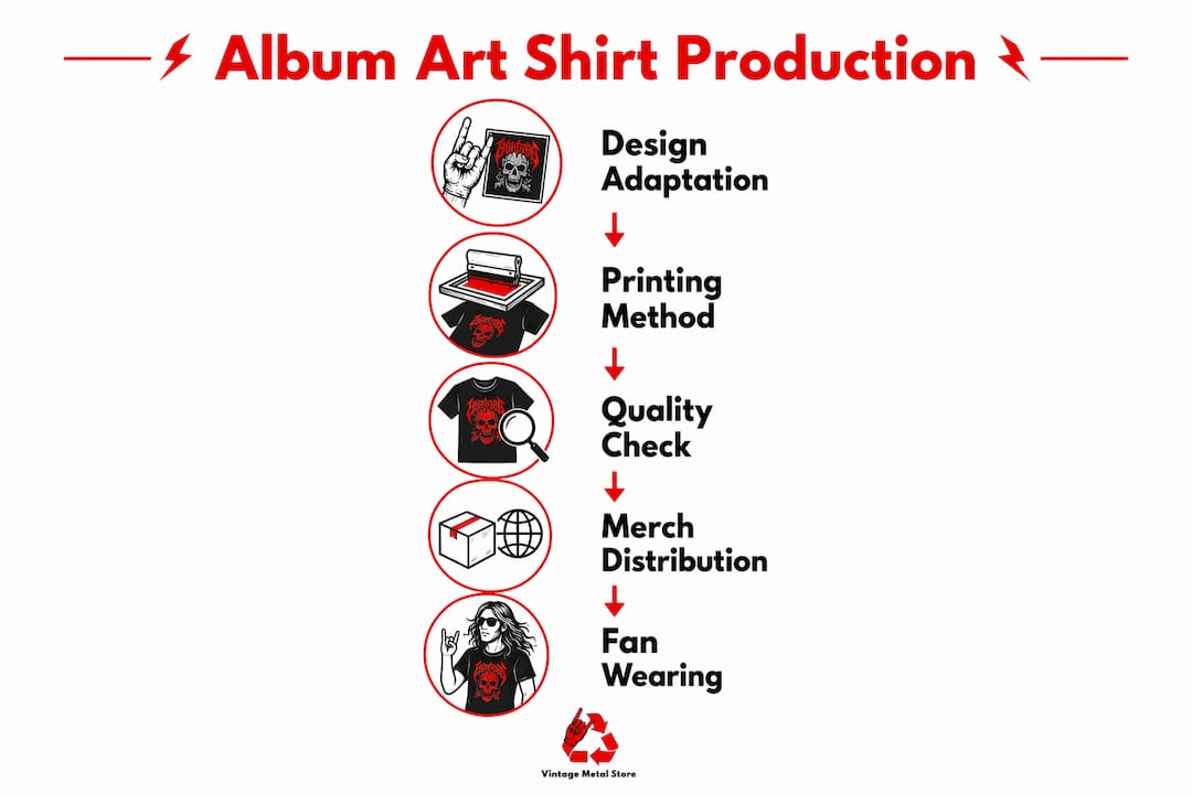 Infographic illustrating album art to shirt production stages