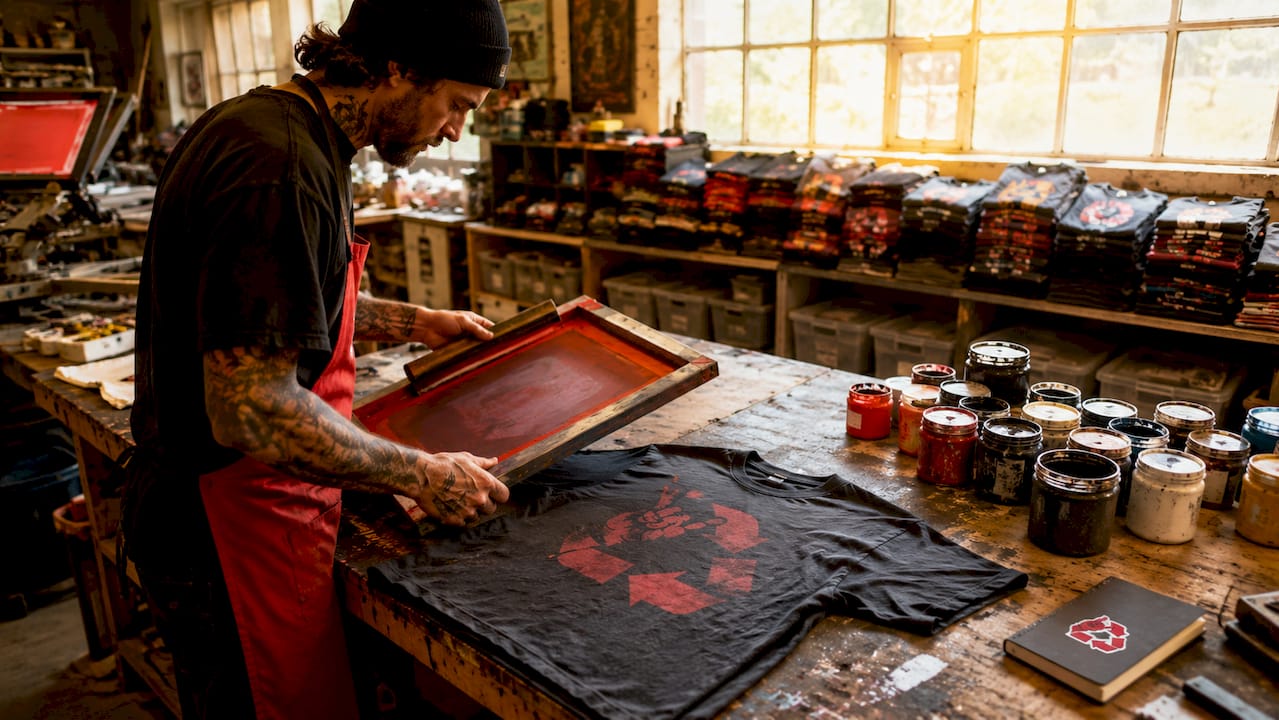 Artisan hands printing vintage style t-shirt