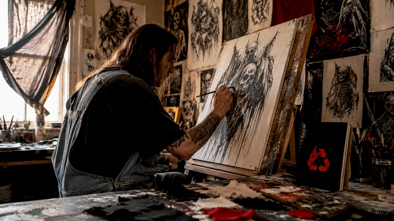 Artist sketching death metal shirt designs in studio