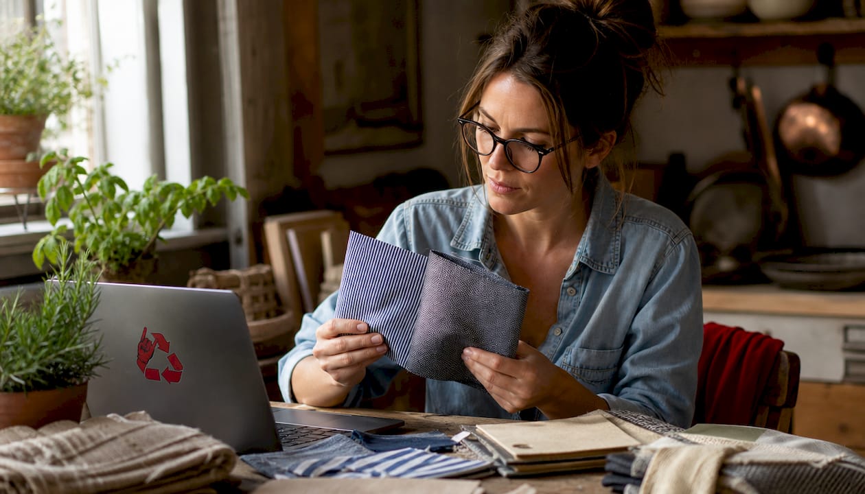 Woman inspecting poplin and twill shirt fabrics