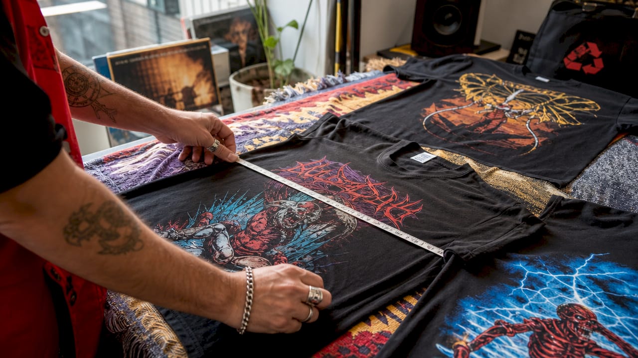 Hands measuring and comparing metal shirts