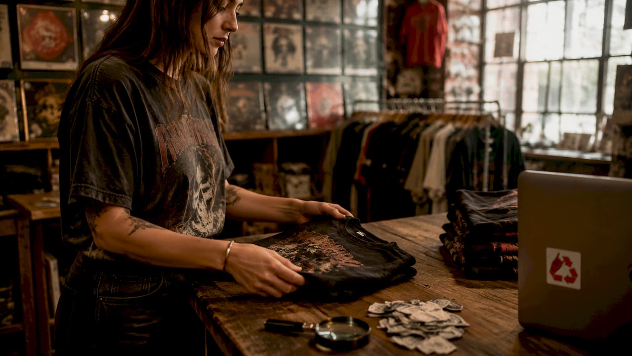 Hands inspecting vintage merch fabric and print