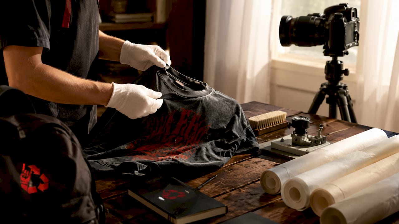 Preservation tools inspecting vintage shirt