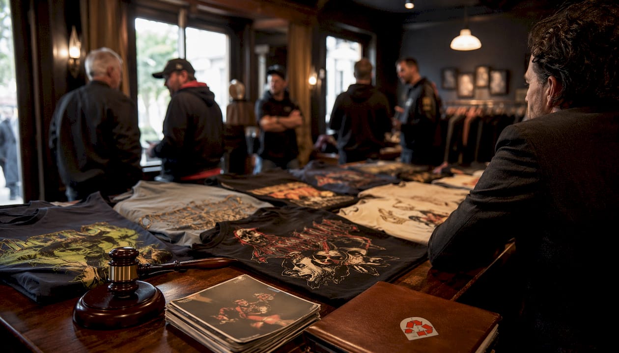 Auctioneer’s desk with deadstock metal shirts and gavel