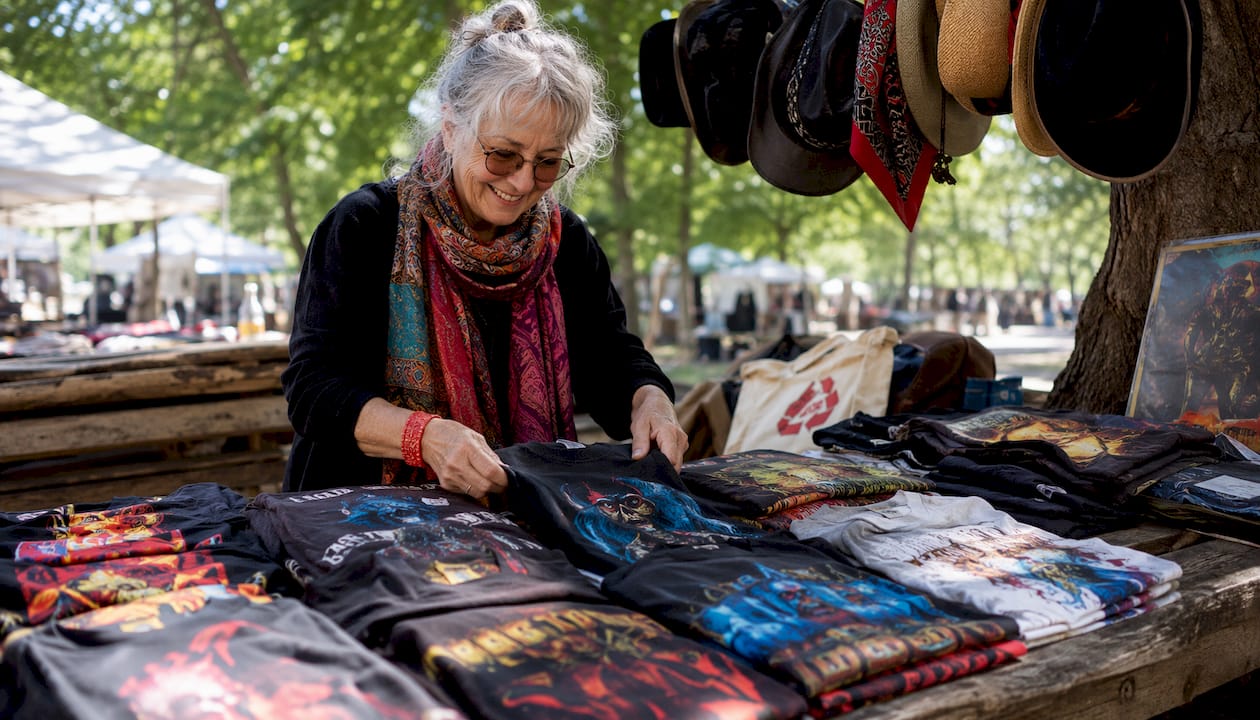 Vintage tour t-shirts at outdoor market stall