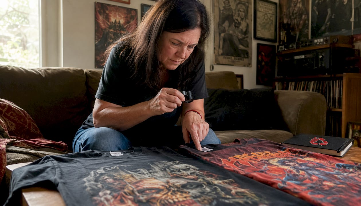 Collector comparing vintage band shirts closely