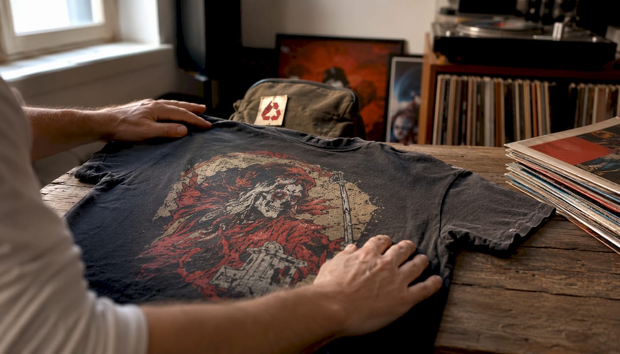 Close-up of bootleg shirt print and fabric texture