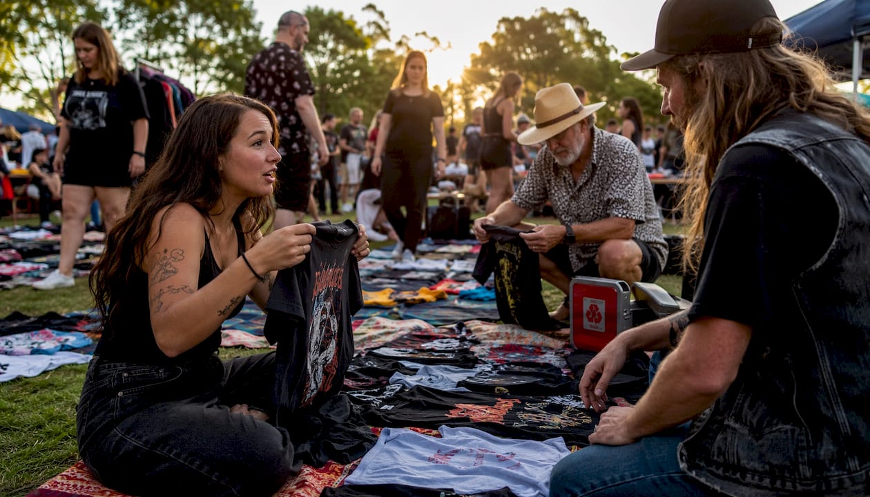 Outdoor Australian vintage band shirt market scene