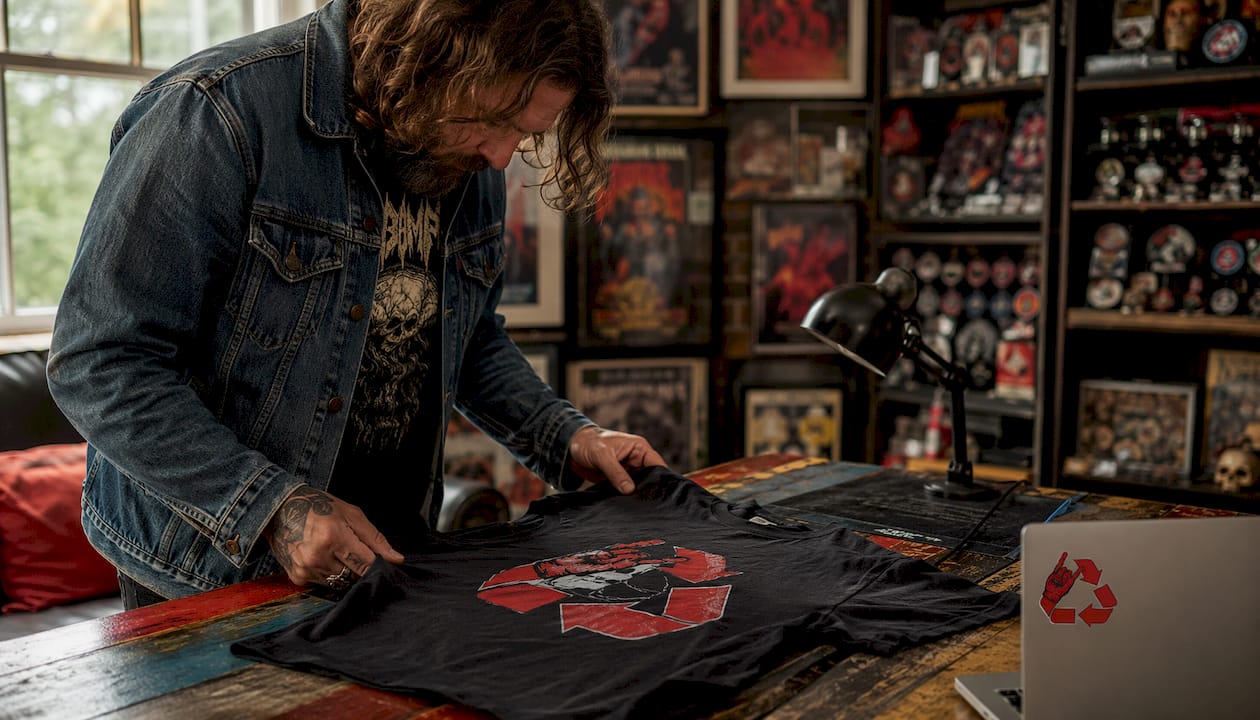 Hands inspecting vintage metal fan club shirt