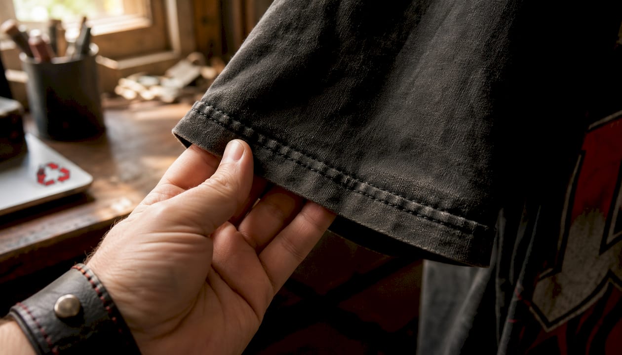 Close-up of single-stitch sleeve seam detail