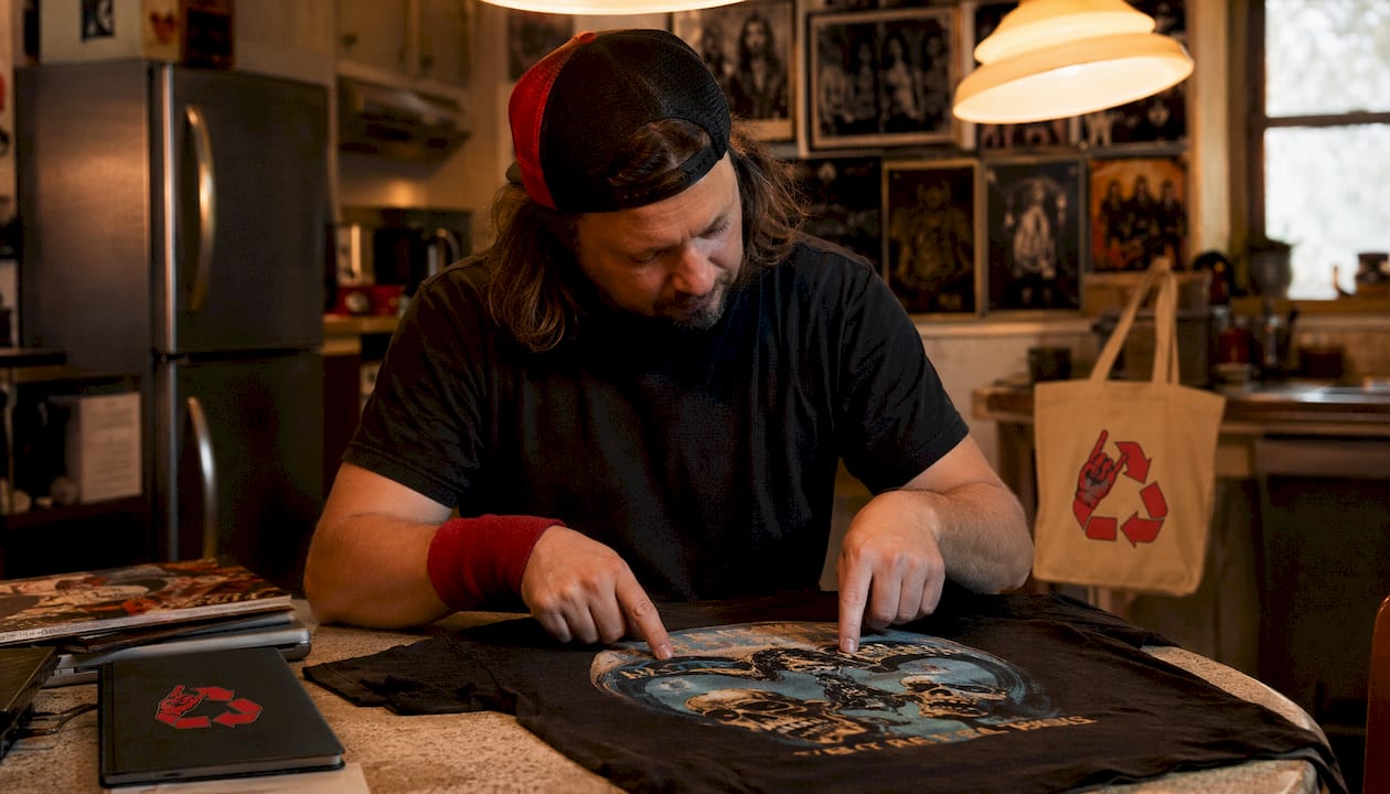 Hands examining 90s tour shirt tag and print