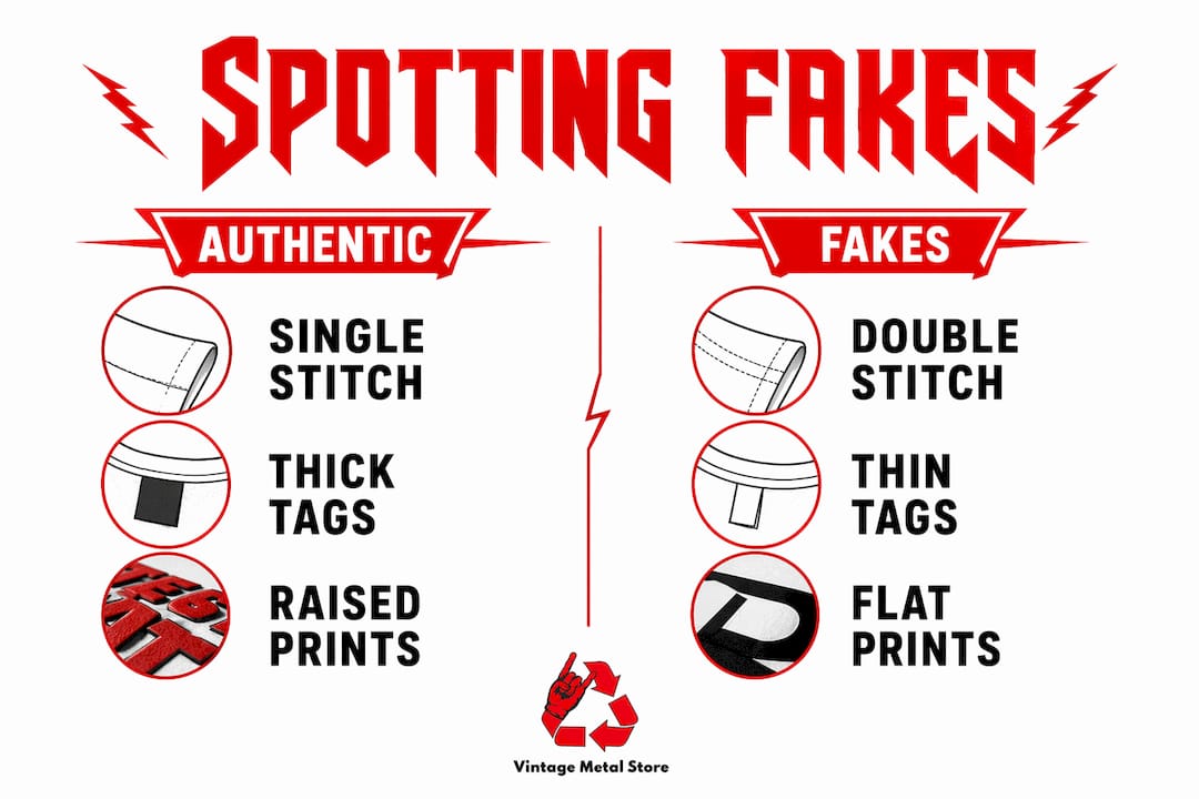 Infographic comparing authentic vs fake vintage metal tees
