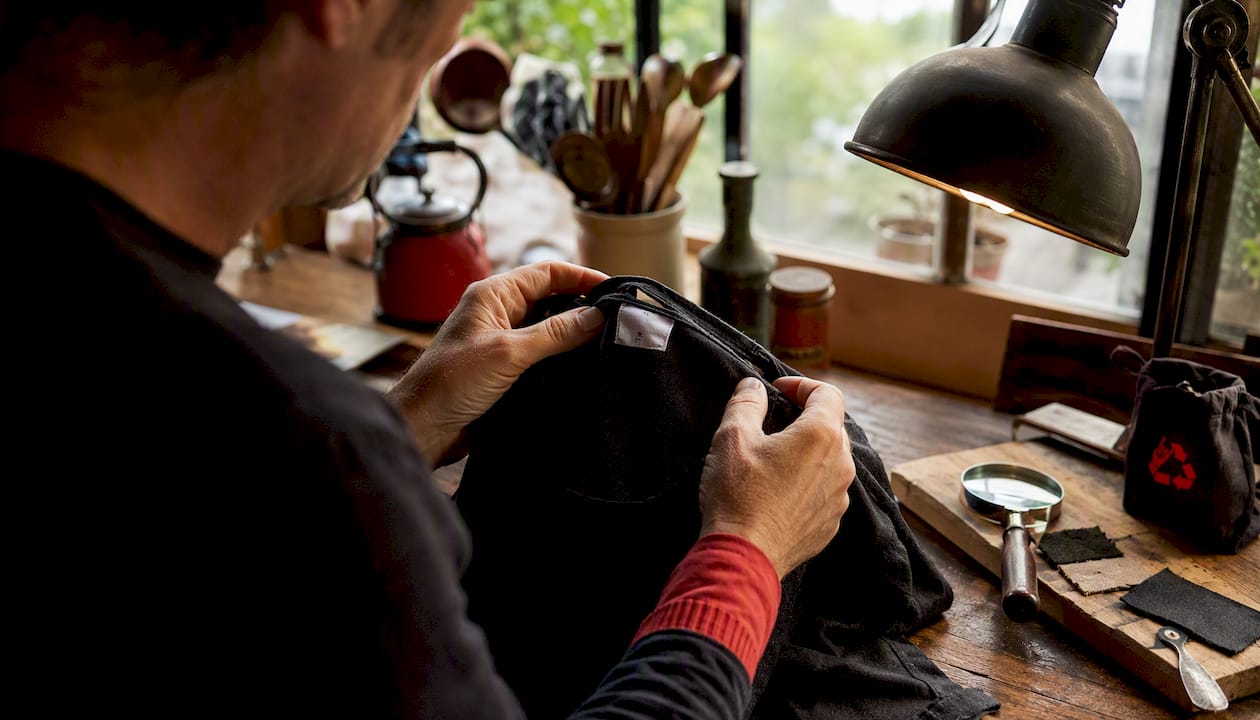 Hands inspecting neck tag and wash label