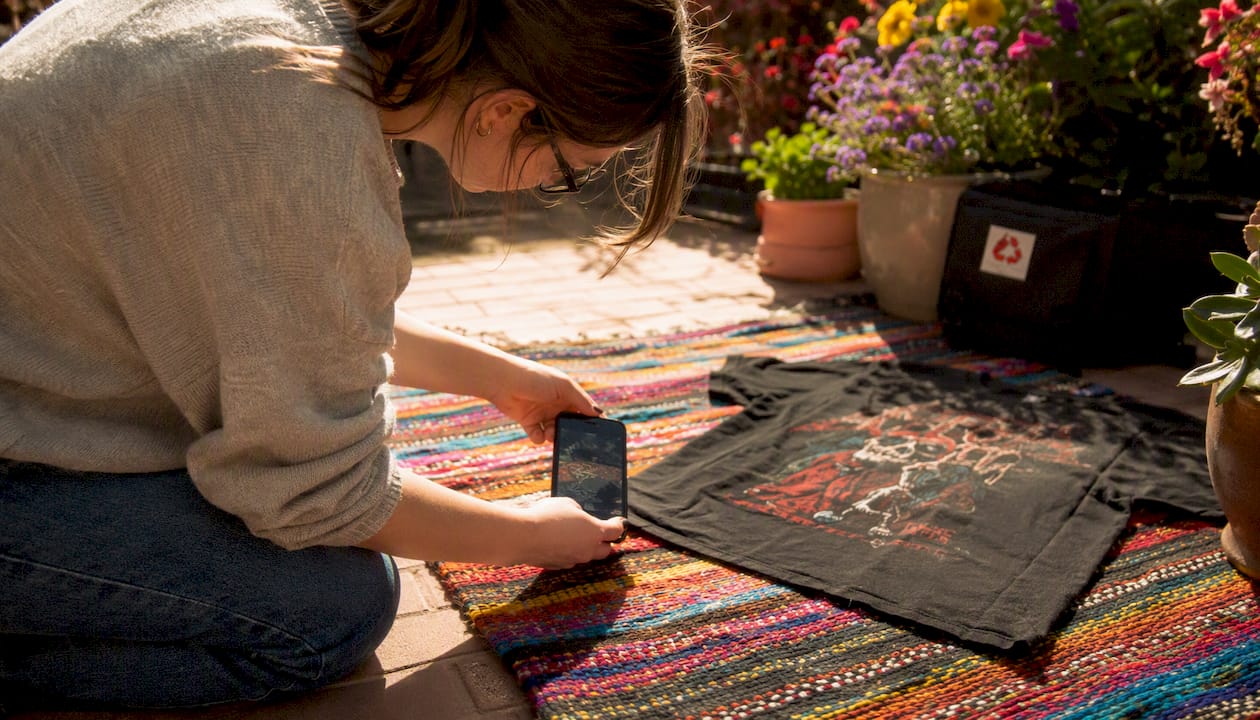 Person photographing vintage tee hem with smartphone