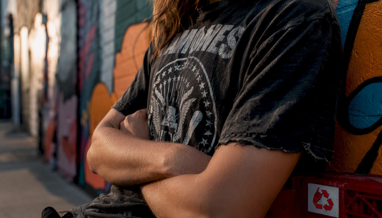 Close-up side view of Ramones logo t-shirt