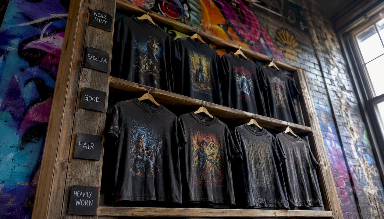 Vintage band shirts arranged by condition grade