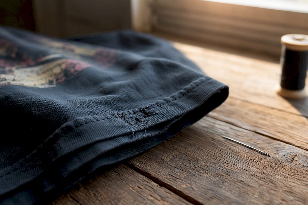 Hand-stitched repair on long sleeve band shirt hem