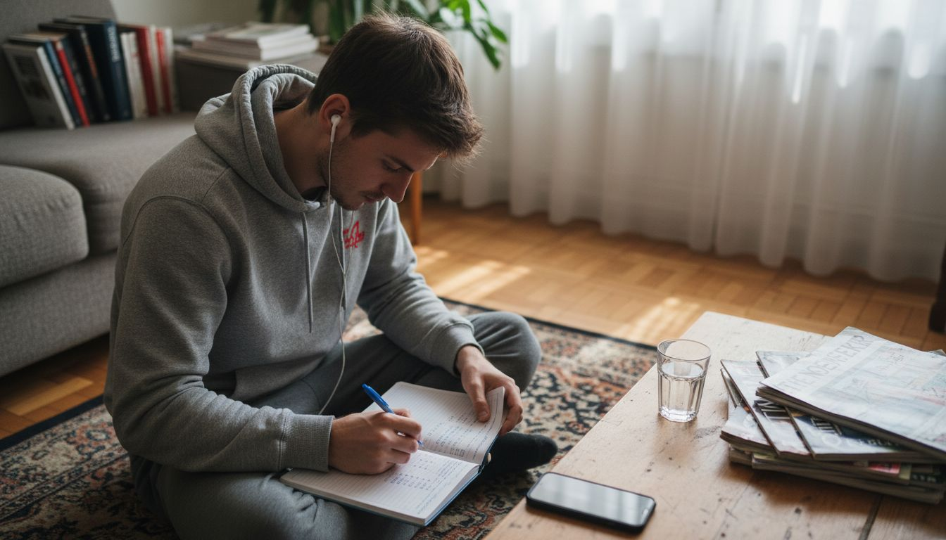 Man updating habit tracker in living room