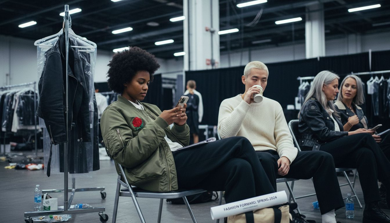 Models of various backgrounds backstage at show