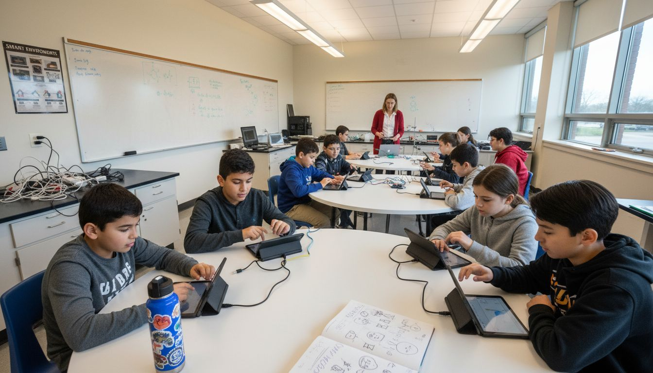 Students engaged with IoT sensor tablets