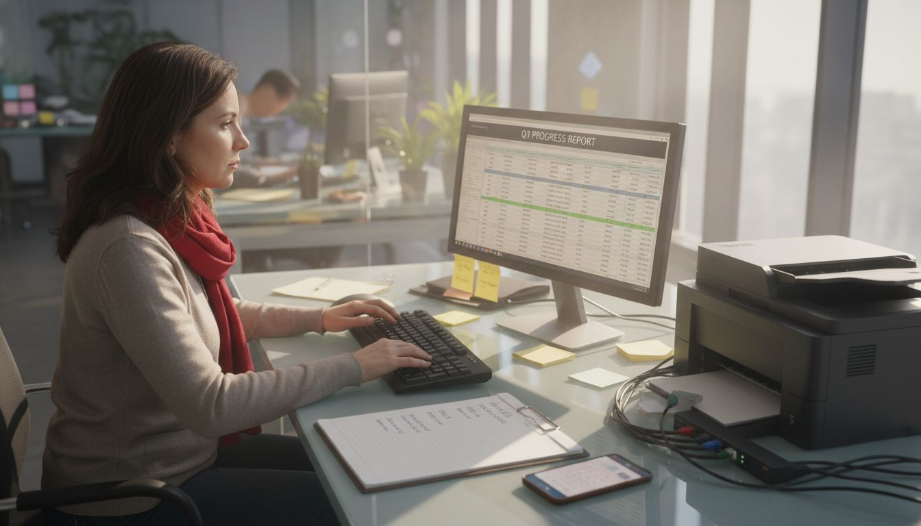 SME owner updating spreadsheets in office