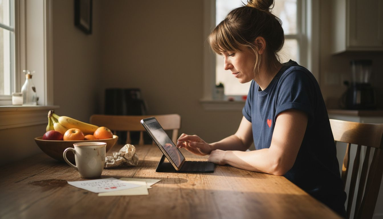 Woman learning with tablet at kitchen table