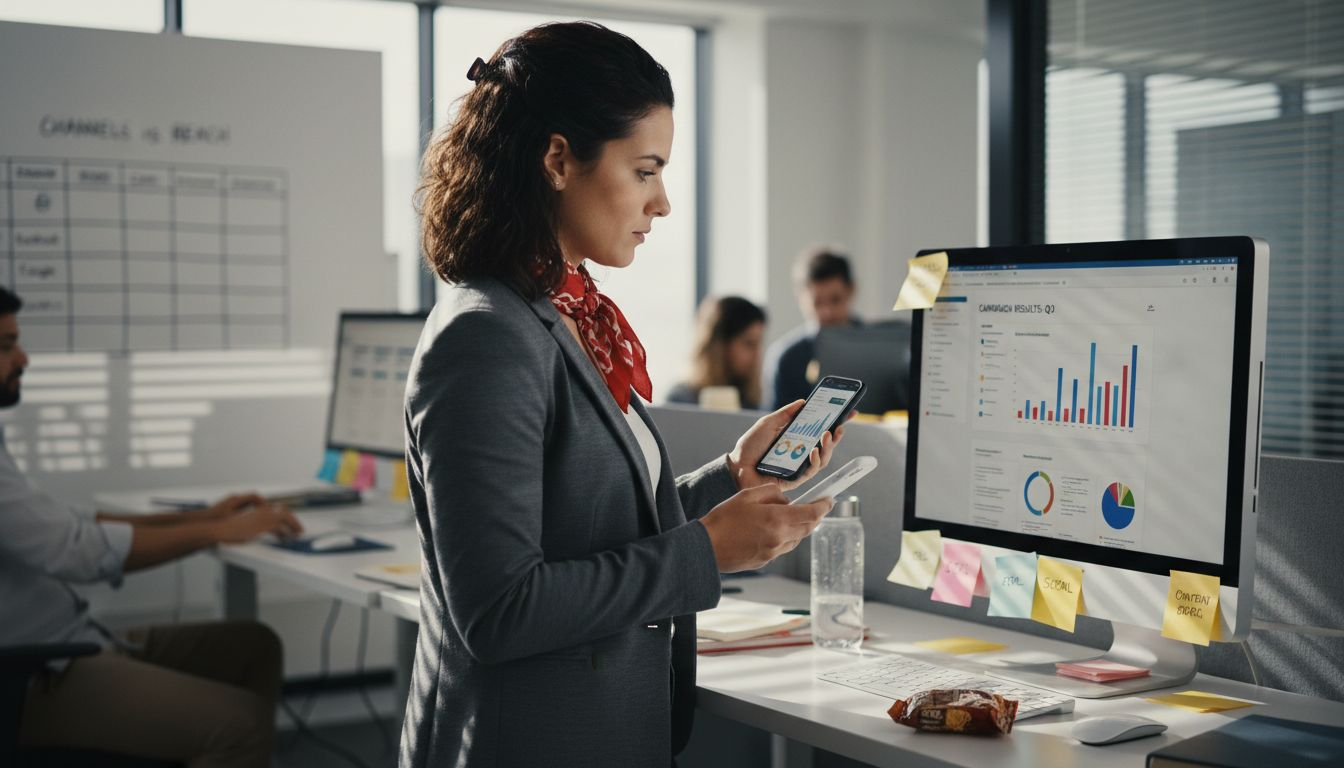 Marketer multitasking at shared office desk