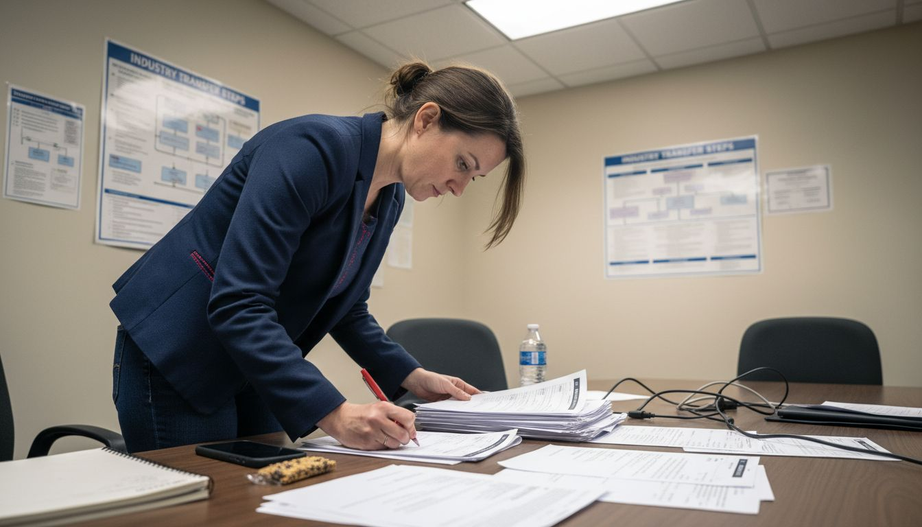 Woman reviewing skill sheets in meeting room