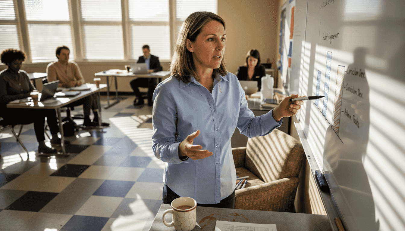 Teacher explains segmented bar graph on whiteboard