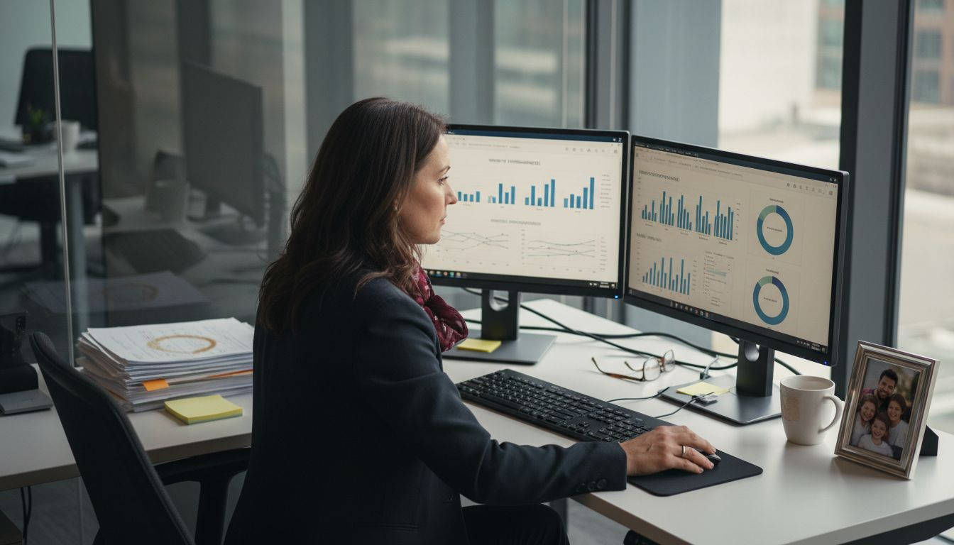 Manager studying data dashboard on monitors