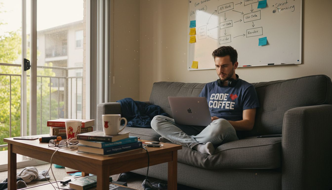 Developer in home office on virtual call