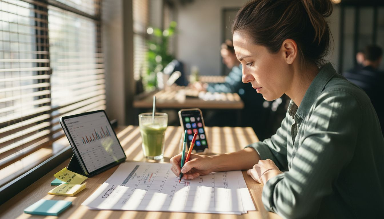 Marketer updates content calendar at busy desk