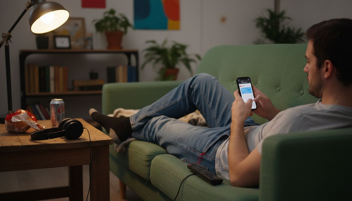 Man texting flirty message on sofa