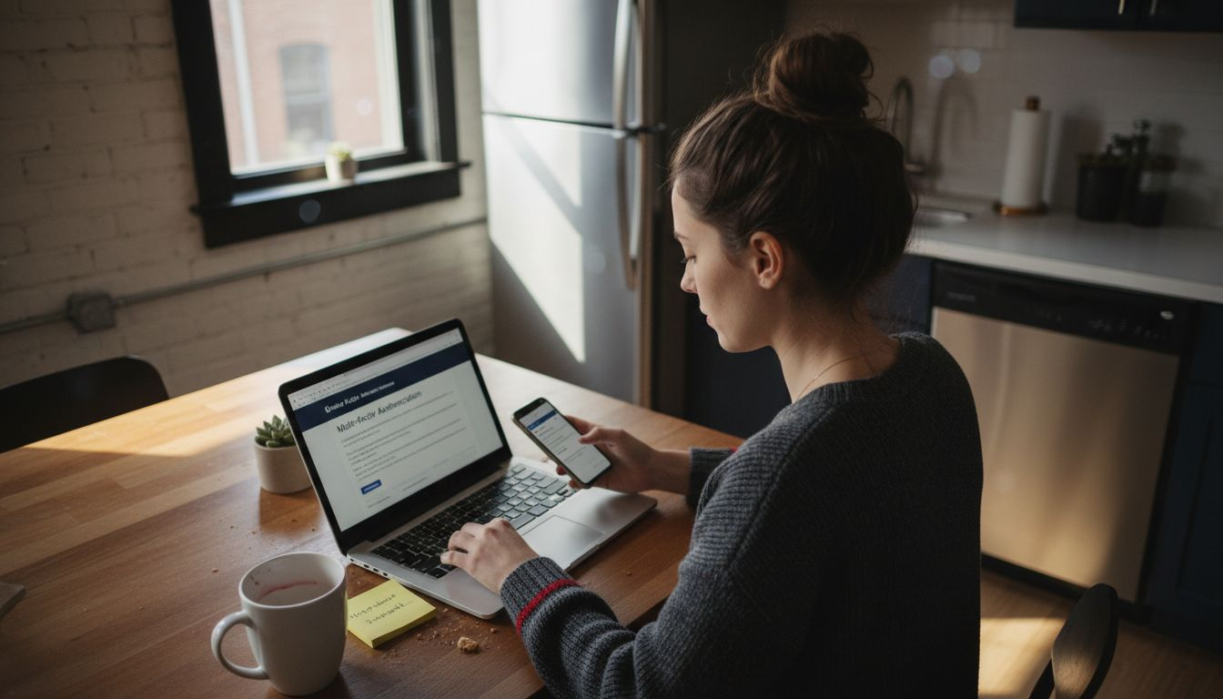 Woman at kitchen table using authentication on devices