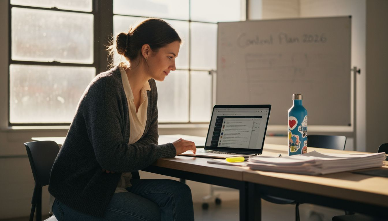 Marketer uses AI tools at cluttered desk