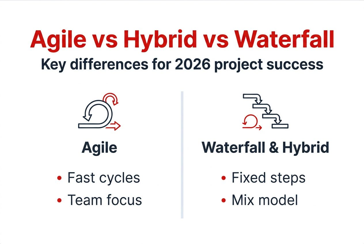 Infographic showing agile, hybrid, and waterfall comparison