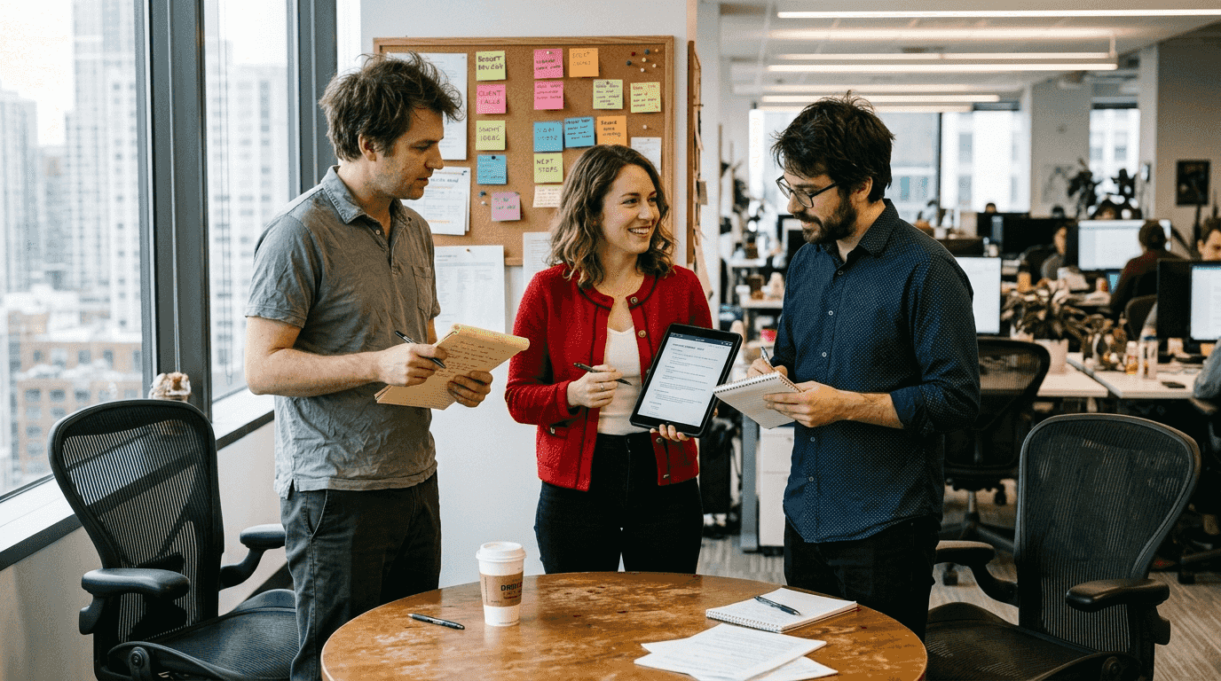 Coworkers at agile morning stand-up in office