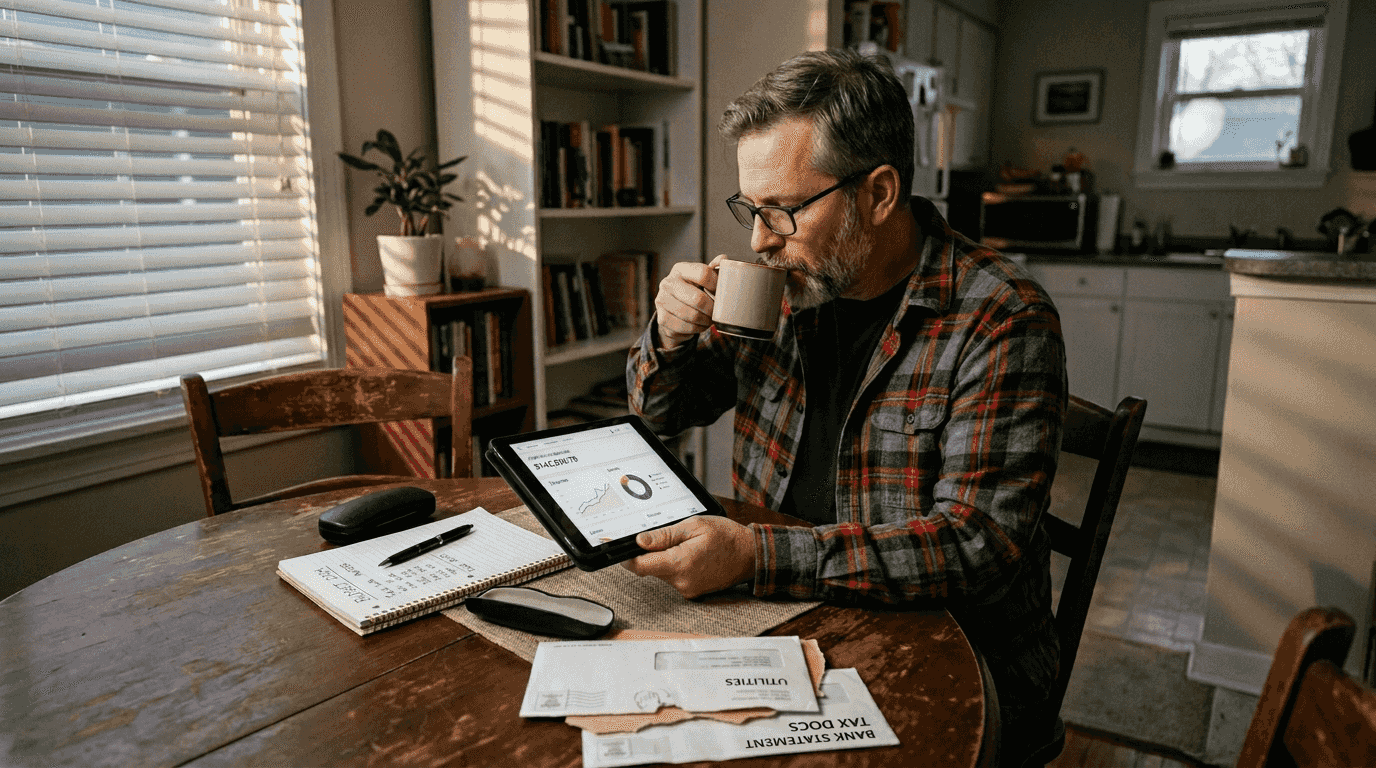 Man checks investment and income portfolio