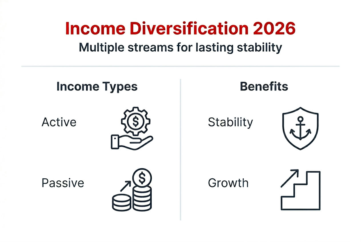 Infographic showing types and benefits of income diversification