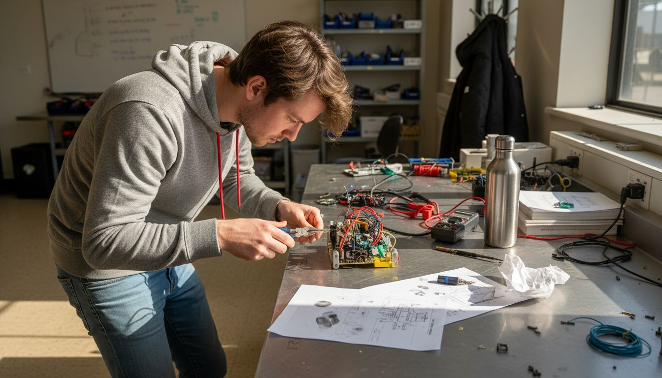 Engineer reviews manufacturing prototype in lab
