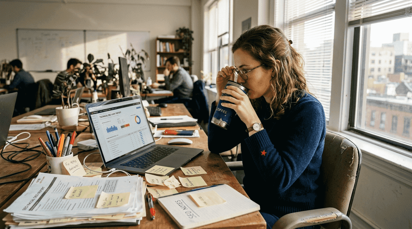 Woman reviews technical SEO audit report