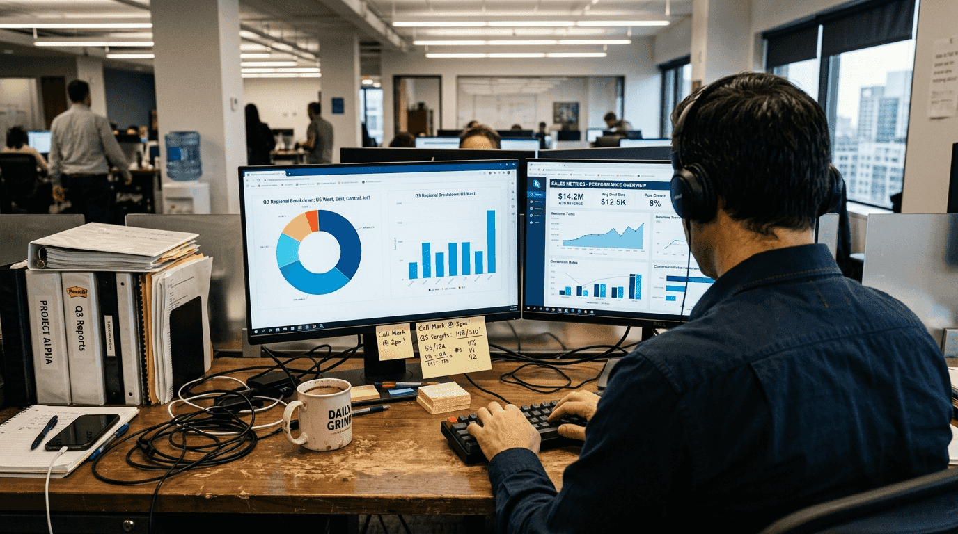 Analyst working with dashboards in office